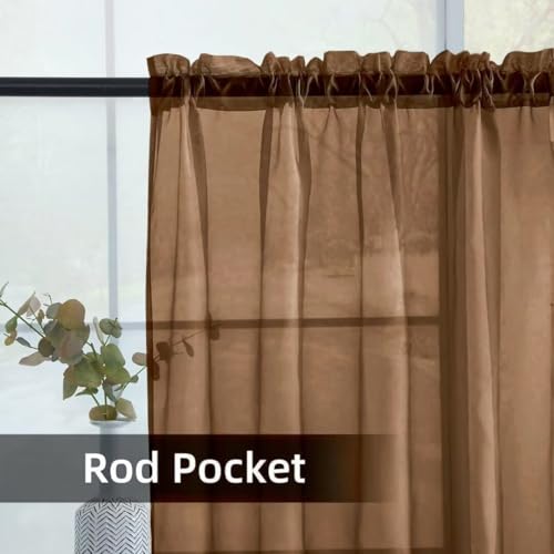 Solid Sheer Rod Pocket Curtain Voile Draperies 2 Panels White Beige Black Grey Coffee 52 Inch Width 90 Inch Long 1 Pair for Kitchen Bedroom Children Living Room Yard (Brown / 52"W x 90"L (Pack of 2))