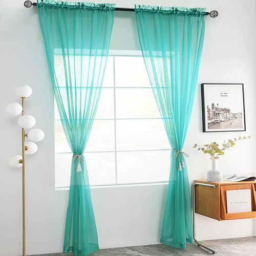 Solid Sheer Rod Pocket Curtain Voile Draperies 2 Panels White Beige Black Grey Coffee 52 Inch Width 108 Inch Long 1 Pair for Kitchen Bedroom Children Living Room Yard (Turquoise / 52"W x 108"L (Pack of 2))