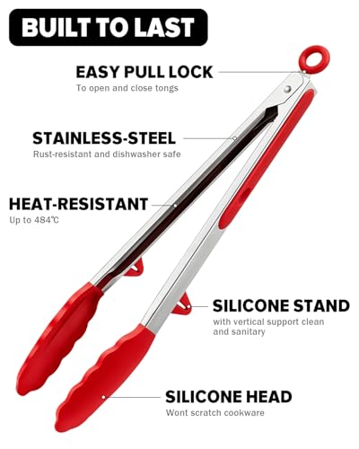 Kitchen Tongs for Cooking (Red / 12 inch)