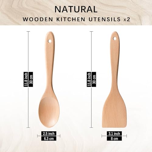 Wooden Spatulas for Cooking (Beech Yellowish / Thick 13" Spoon + Spatula)