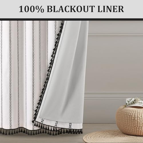 White 100% Boho Blackout Curtains 2 Panels with Tassels 52W X 82L (White and Black / 52"W x 82"L (Pack of 2))