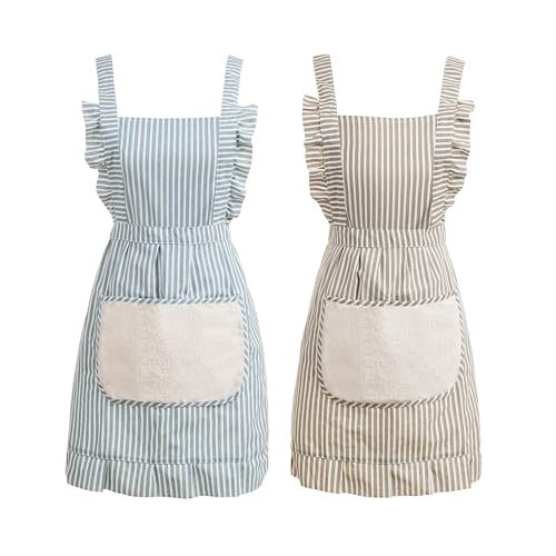 Cute Cotton Apron for Women (Medium / Blue/Grey Striped)