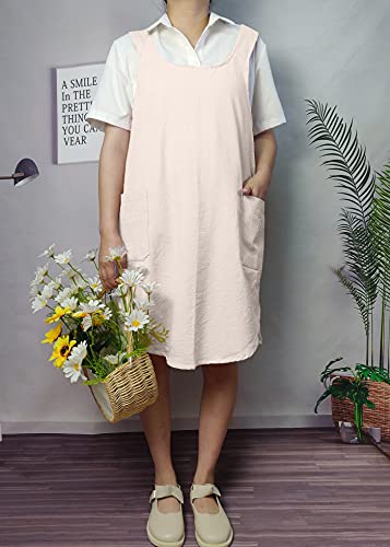 Cotton Cross Back Aprons Solid Color Cooking Kitchen Garden Smock for Women Girls with Pockets (Beige / 37W x 32L)