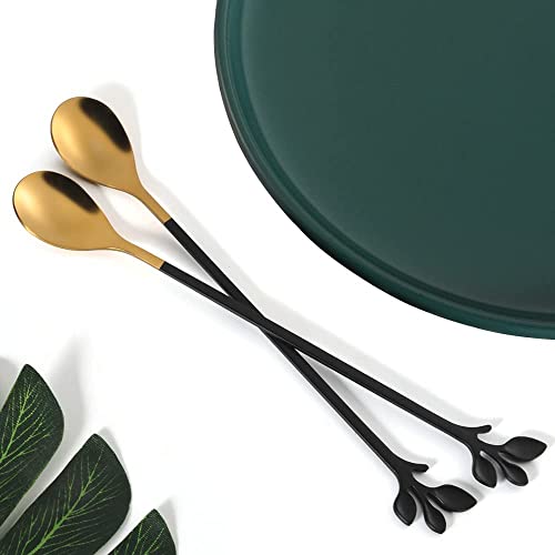 6 Piece Elegant Black & Gold Leaf Long Handle Teaspoons (Black & Gold)