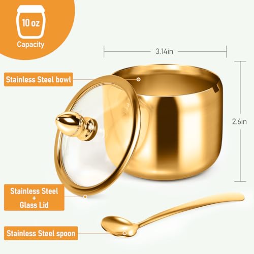 Sugar Container with Glass Lid and Spoon (Gold)