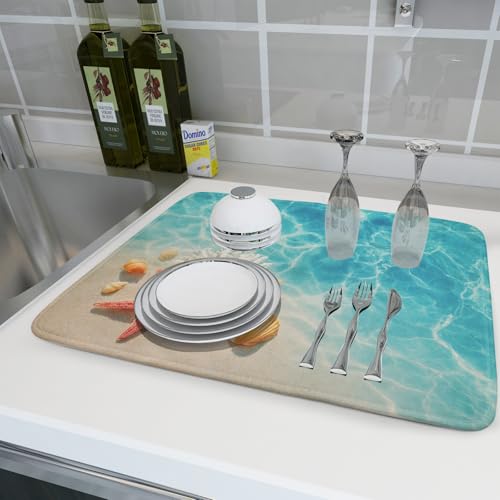 Coastal Starfish Dish Drying Mat 18"x24" Ocean Blue Sea Coral Seashell Dish Drainer Mats Nautical Beach Themed Decorative Reversible Dish Drying Pad for Kitchen Countertop Dining Room (24" x 18")