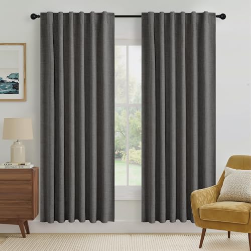 Grey 100% Blackout Linen Curtains 72 Inch Long for Bedroom (Grey / 52"W x 72"L (Pack of 2))