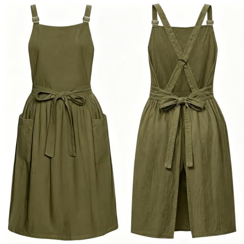 Apron for Women with Pockets Cotton Linen Metal Clip Adjust Kitchen Cooking Baking Gardening Aprons Dress Pocket Chef Apron Utility Waist Tie (1 Pack-dark Green)