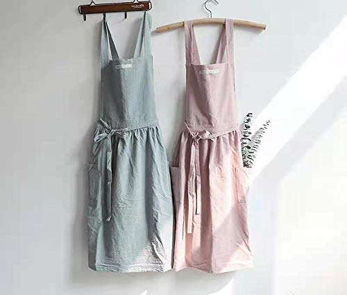 Cotton and linen Kitchen Cooking Aprons Dress for Women with Pockets Cute for Baking Painting Gardening Cleaning (Pink Apron)
