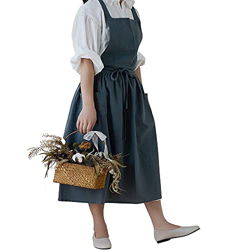 Cotton and linen Kitchen Cooking Aprons Dress for Women with Pockets Cute for Baking Painting Gardening Cleaning (Dark Gray)