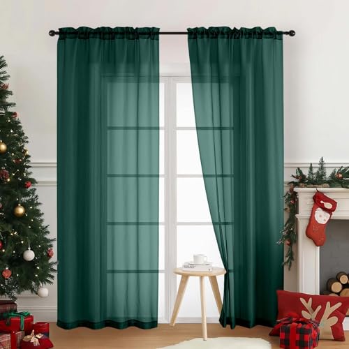 Green Sheer Curtains 90 Inches Long 2 Panels (42"W x 90"L (Pack of 2) / Hunter Green)