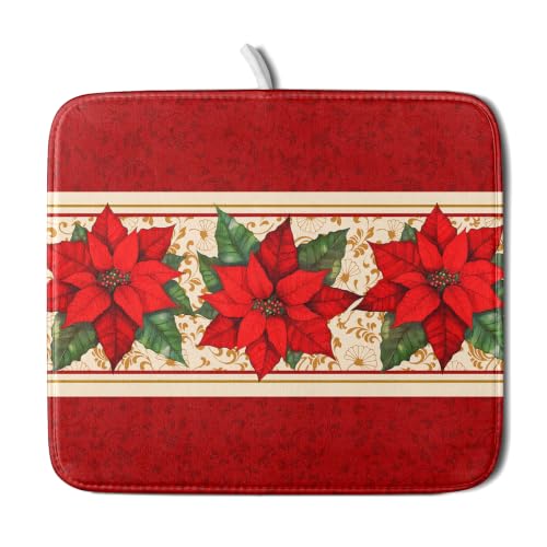Poinsettia Flowers Dish Drying Mat 16"x18" Christmas Red Decorative Dish Drainer Mats Xmas Winter Floral Print Reversible Microfiber Dish Drying Rack Pad for Kitchen Countertop Sink (18" x 16")