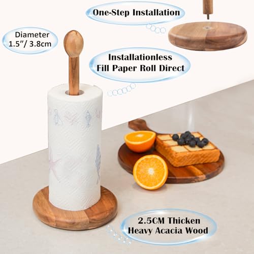 14.5" Paper Towel Holder Wood Acacia Wooden Paper Towel Holder Countertop Kitchen Paper Towel Roll 6.7" Large Heavy Base Free Standing Rustic Farmhouse Paper Towel Roll Holders (Light Brown (S))
