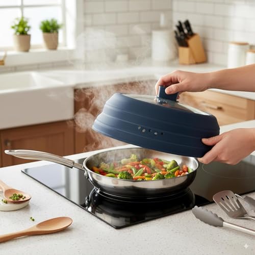 Microwave Splatter Cover Glass Microwave Cover for Food Collapsible Splatter Guard Lid with Silicone Handle for Pot Plate Bowl 9.8 Inch Blue (Blue / 9.8Inch)