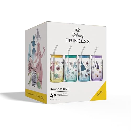 Disney Princess Icon Glass Tumblers with Lids and Straws (Princess)