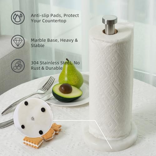 African Genuine Marble Paper Towel Holder Countertop (White Marble-silver Rod / 6" Marble Base)
