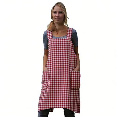 Women's Pinafore Square Apron Baking Cooking Gardening Works Cross Back Cotton (X-Large / Plaid-red)