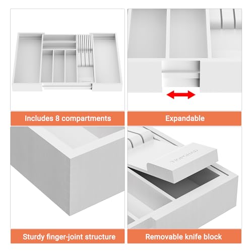 Expandable Bamboo Silverware Drawer Organizer Kitchen Tray (White / Large)