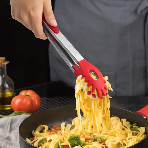 2 PCS Pasta Tong Spaghetti Tongs (9"+12"-Red)