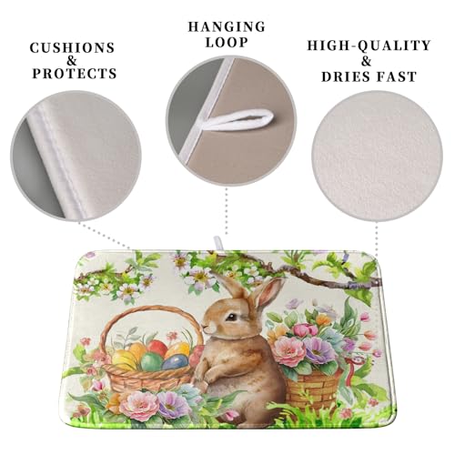 Happy Easter Bunny Kitchen Dish Drying Mat for Dishes 18x24 Inch Spring Colorful Floral Flower Basket Drying Mats Easter Eggs Dish Drainer Mat Super Absorbent Dish Rack Pad for Coffee Bar Sinks (Easter Bunny / 18" x 24")
