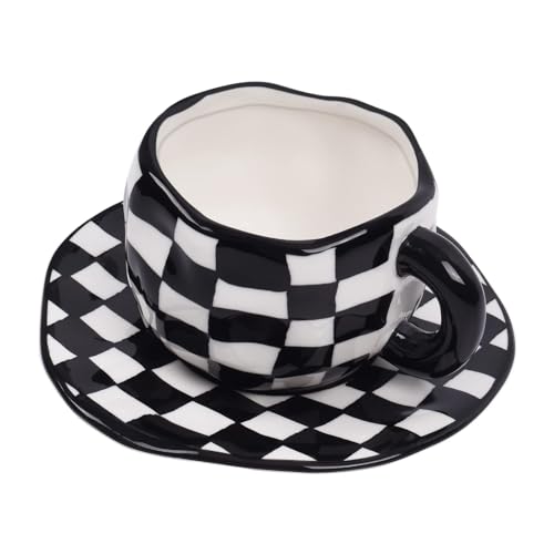 10oz Ceramic Coffee Mug With Saucer (Black and White Plaid)
