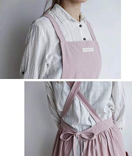 Cotton and linen Kitchen Cooking Aprons Dress for Women with Pockets Cute for Baking Painting Gardening Cleaning (Pink Apron)
