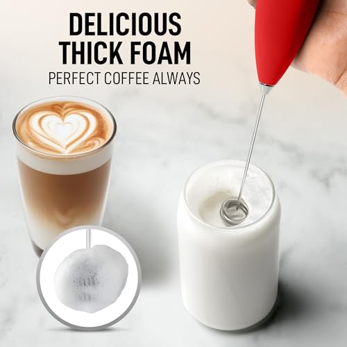 Powerful Milk Frother Wand With Duracell Batteries (Scarlet Red / Double Whisk + Batteries)
