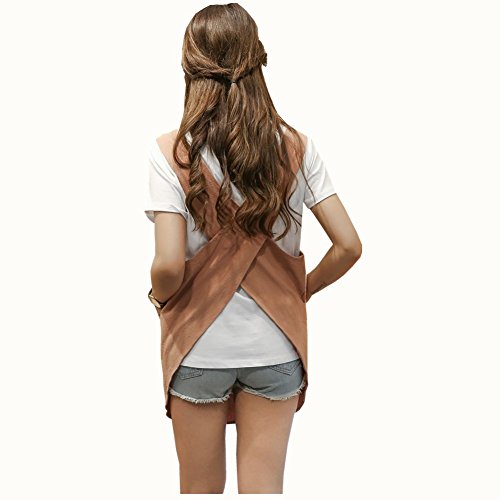 Round Skirt Soft Cotton Linen Apron Solid Color Halter Cross Bandage Aprons Japanese Style X Shape Double Pockets Kitchen Cooking Clothes Chef Summer Fit (Orange Red)