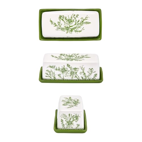 Green Garden Toile Ceramic Butter Dish with Lid (Green Garden Toile De Jouy / Large)