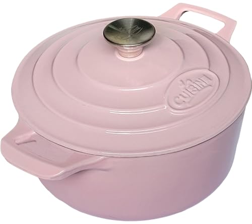 La Cuisine Enameled Cast Iron Dutch Oven Casserole Pot with Lid Internal Glossy Cream White Enamel Coating 3.75 QT 9.5" (3.7 QT Round / Pink)