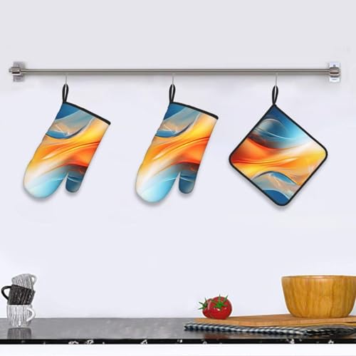 Burnt Orange Blue Abstract Fluid Oven Mitts and Pot Holders Sets of 3 (Blue Orange)