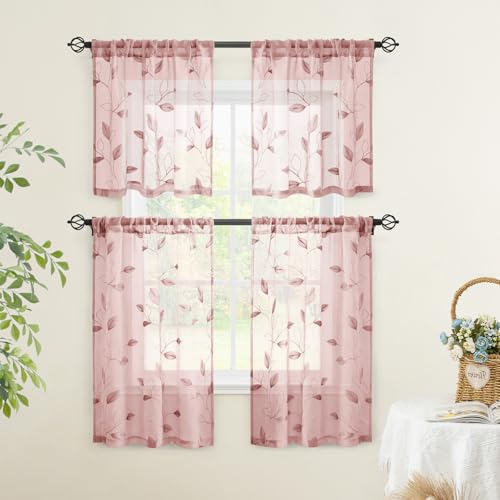 Blush Pink Kitchen Tier Curtains Leaf Embroidered (30"W x 36"L (Pack of 2) / Blush Pink)