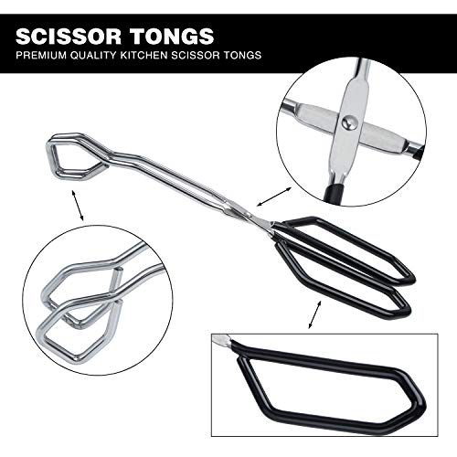 Stainless Steel Scissor Tongs Heavy Duty Cooking Tongs with Soft Handles (black 11"+11")