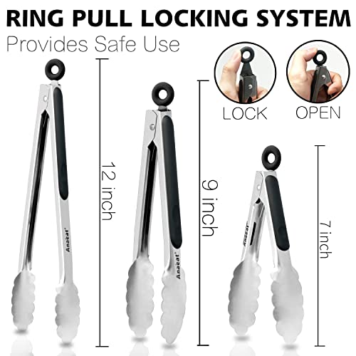 Premium Kitchen Locking Tong Set of 3 (7+9+12 Inch / 3 Pcs Stainless Steel - Black)
