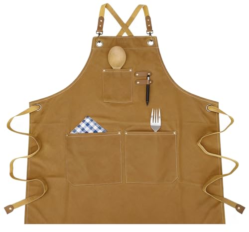 Canvas Cross Back Chef Cotton Aprons for Men Women (Brown+brown)