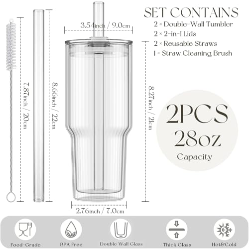 28 oz Double Wall Glass Tumblers Set of 2 (Ribbed)