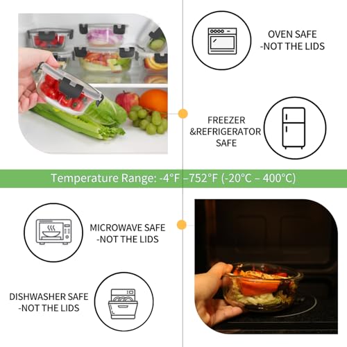 18 Piece Glass Food Storage Containers with Snap Locking Lids for Meal Prep (Black / 9 Pack)