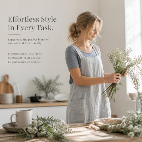 Cross Back Linen Cotton Apron with Pockets (Medium / Grey)