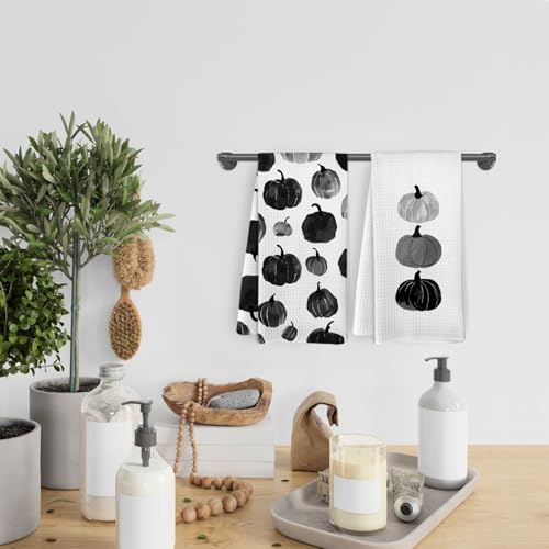 Black Fall Pumpkin Decor Kitchen Towels and Dishcloths Set of 2 (Black Pumpkins)