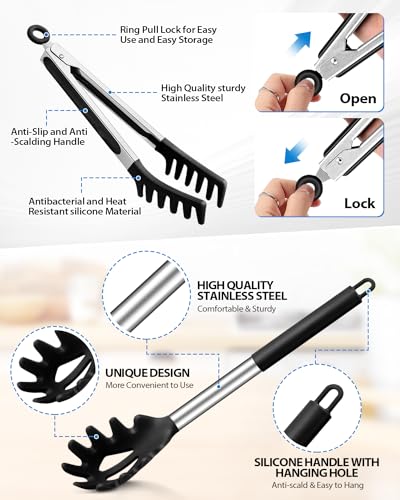 Silicone Spaghetti Spoon and Pasta Tong (Black)