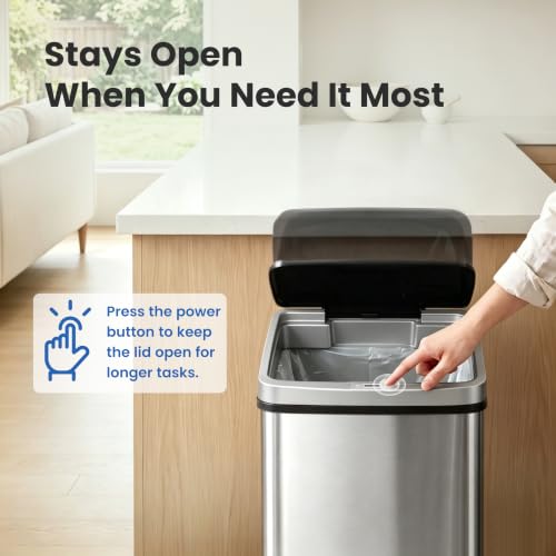 DZT-50-28BR Automatic Touchless Motion Sensor Rectangular Trash Can, Black Top, 13 Gal. 49 L., Brush (Silver & Black)