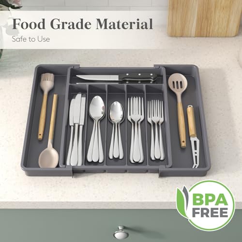 Expandable Silverware Drawer Organizer (Dark Grey / Large (11-18''W x 14''D))