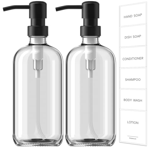 Glass Soap Dispenser with Pump (Clear Bottle + Black Pump / 2 Pack)
