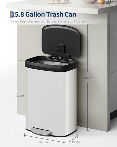16 gal 60 L Metal Trash Can with Lid (White / 15.8 Gallons)