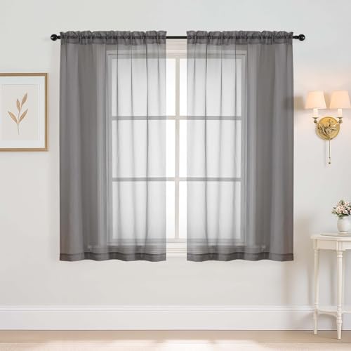 Grey Window Sheer Curtains 54 inch Length (42"W x 54"L (Pack of 2) / Charcoal Grey)