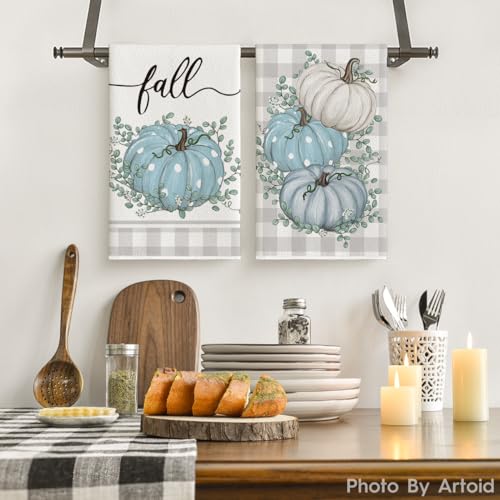 Blue Buffalo Plaid Fall Kitchen Towels Set of 2 18x26 Inch (Blue/Beige)