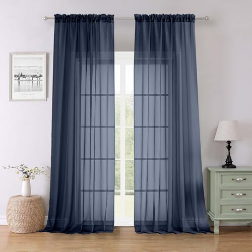 Navy Blue Sheer Curtains 96 Inches Long 2 Pcs (Navy Blue / 59"W x 96"L (Pack of 2))