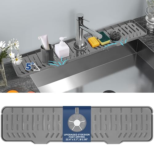 24" Splash Guard Plus Size Silicone Sink Faucet Drying Mat Handle Drip Catcher Tray Dish Sponge Holder Kitchen Accessories Protector Home Organization Gadgets Organizer (Grey(1Pack): 23.4"x5.7")