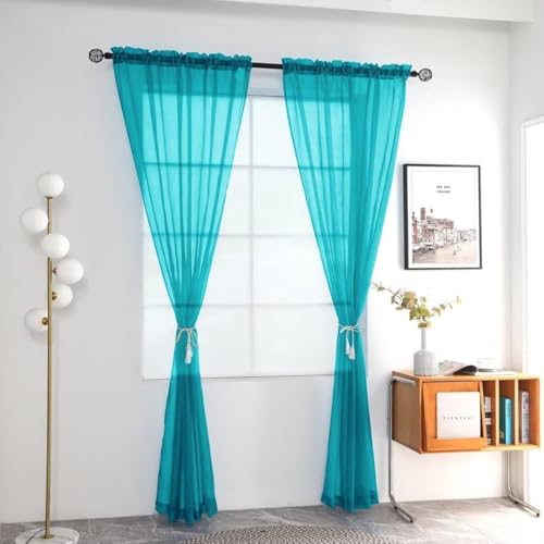 Solid Sheer Rod Pocket Curtain Voile Draperies 2 Panels White Beige Black Grey Coffee 52 Inch Width 45 Inch Long 1 Pair for Kitchen Bedroom Children Living Room Yard (Peacock Blue / 52"W x 45"L (Pack of 2))