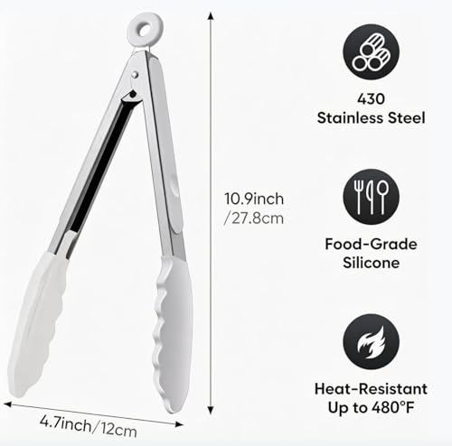 9 Inch Kitchen Tongs (White, 9 Inch)